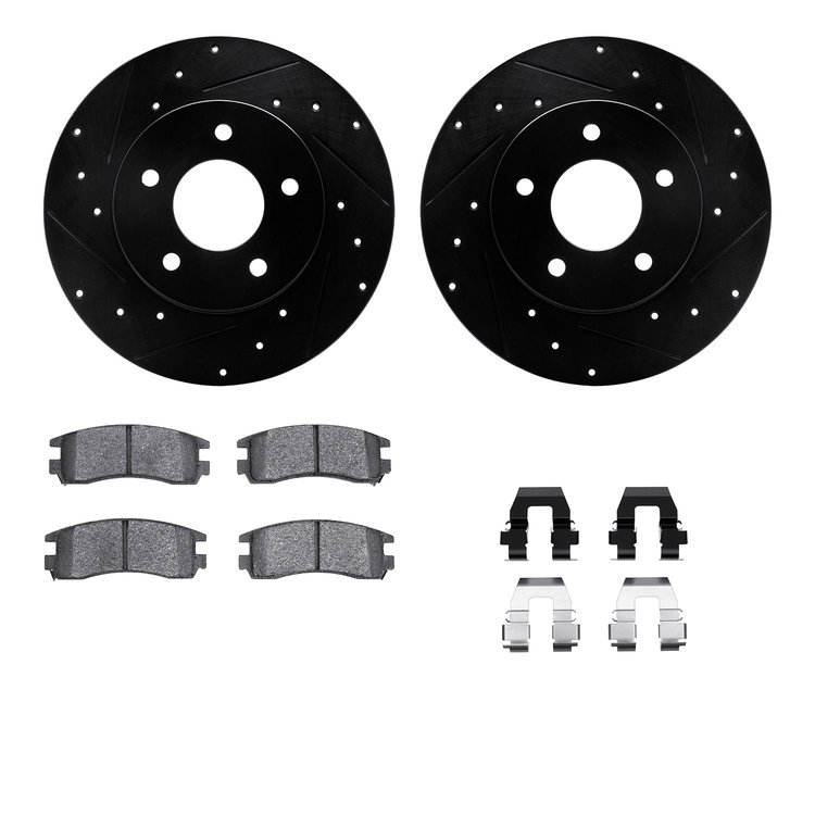 8312-52011 Drilled/Slotted Brake Rotors with 3000-Series Ceramic Brake Pads Kit & Hardware [Black], 1992-2005 GM, Position: Rear