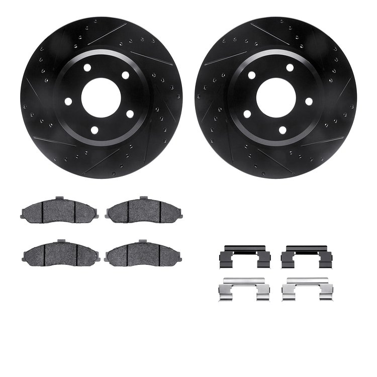 8312-52012 Drilled/Slotted Brake Rotors with 3000-Series Ceramic Brake Pads Kit & Hardware [Black], 2005-2006 GM, Position: Fron