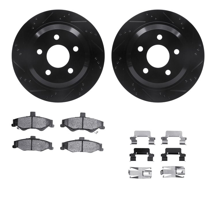 8312-52013 Drilled/Slotted Brake Rotors with 3000-Series Ceramic Brake Pads Kit & Hardware [Black], 1998-2002 GM, Position: Rear