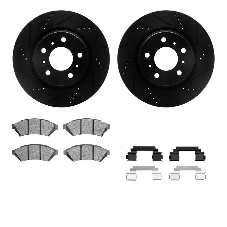 8312-52015 Drilled/Slotted Brake Rotors with 3000-Series Ceramic Brake Pads Kit & Hardware [Black], 2004-2009 GM, Position: Fron