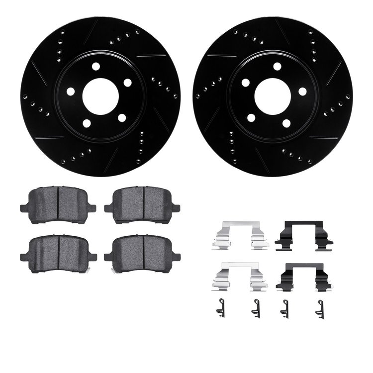 8312-53004 Drilled/Slotted Brake Rotors with 3000-Series Ceramic Brake Pads Kit & Hardware [Black], 2004-2012 GM, Position: Fron