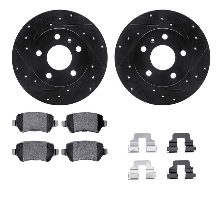 8312-53008 Drilled/Slotted Brake Rotors with 3000-Series Ceramic Brake Pads Kit & Hardware [Black], 2002-2008 GM, Position: Rear