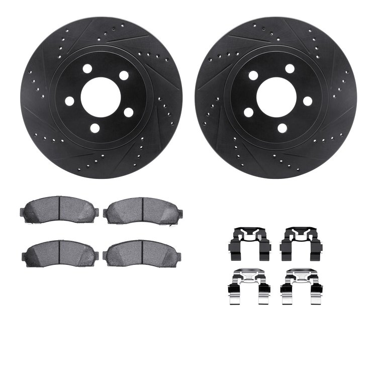 8312-54139 Drilled/Slotted Brake Rotors with 3000-Series Ceramic Brake Pads Kit & Hardware [Black], 2001-2005 Ford/Lincoln/Mercu