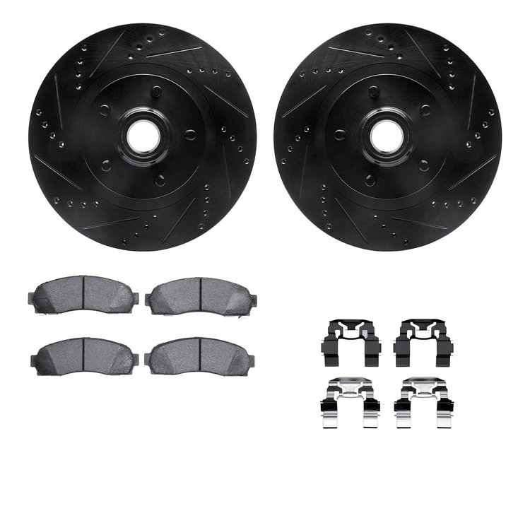 8312-54140 Drilled/Slotted Brake Rotors with 3000-Series Ceramic Brake Pads Kit & Hardware [Black], 2001-2005 Ford/Lincoln/Mercu
