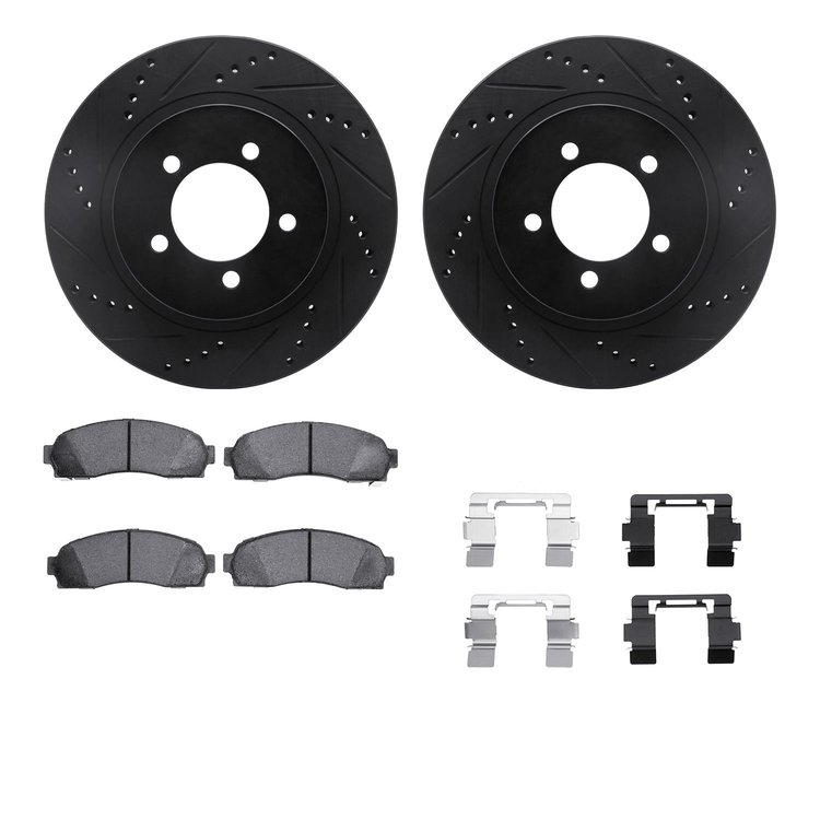 8312-54143 Drilled/Slotted Brake Rotors with 3000-Series Ceramic Brake Pads Kit & Hardware [Black], 2002-2005 Ford/Lincoln/Mercu