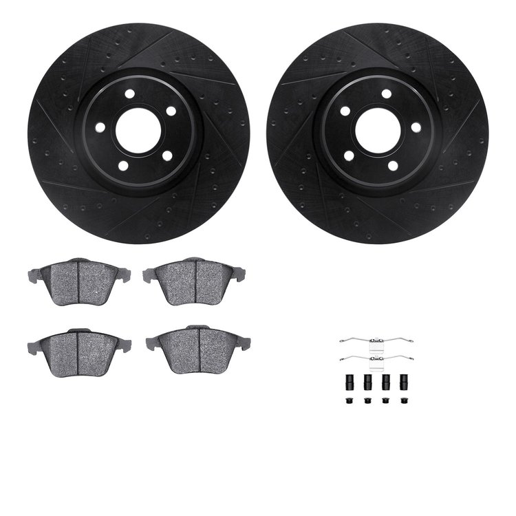 8312-54146 Drilled/Slotted Brake Rotors with 3000-Series Ceramic Brake Pads Kit & Hardware [Black], 2004-2013 Volvo, Position: F