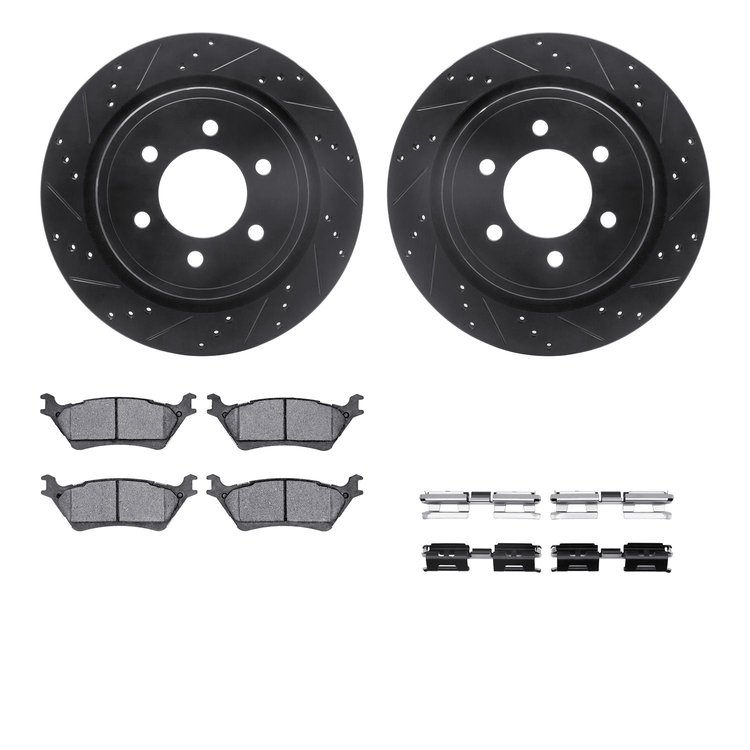 8312-54208 Drilled/Slotted Brake Rotors with 3000-Series Ceramic Brake Pads Kit & Hardware [Black], 2012-2020 Ford/Lincoln/Mercu