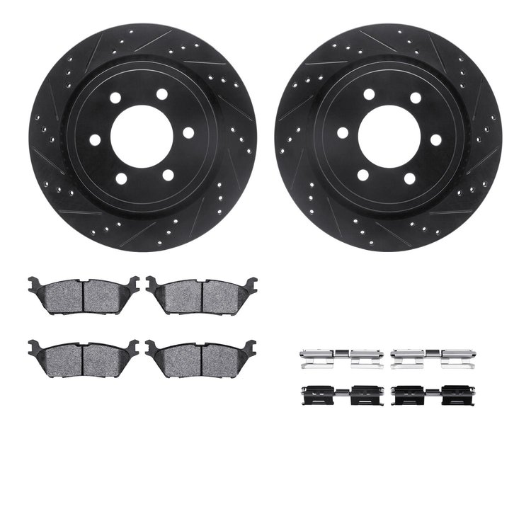 8312-54228 Drilled/Slotted Brake Rotors with 3000-Series Ceramic Brake Pads Kit & Hardware [Black], 2015-2017 Ford/Lincoln/Mercu