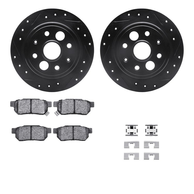 8312-58001 Drilled/Slotted Brake Rotors with 3000-Series Ceramic Brake Pads Kit & Hardware [Black], 1986-1989 Acura/Honda, Posit