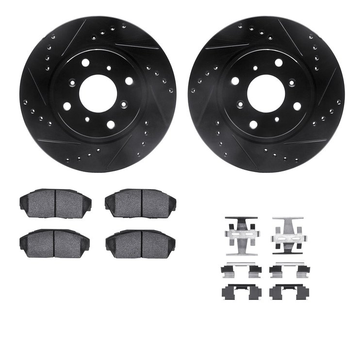 8312-58003 Drilled/Slotted Brake Rotors with 3000-Series Ceramic Brake Pads Kit & Hardware [Black], 1987-1990 Acura/Honda, Posit