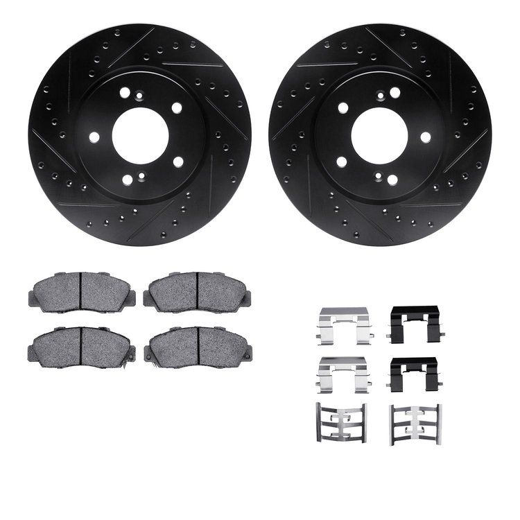 8312-58004 Drilled/Slotted Brake Rotors with 3000-Series Ceramic Brake Pads Kit & Hardware [Black], 1991-1996 Acura/Honda, Posit