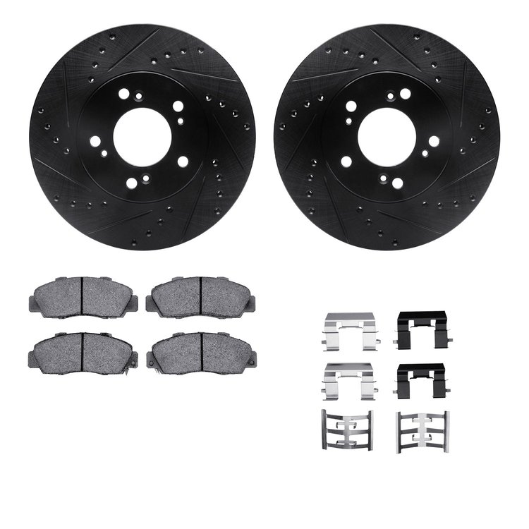 8312-58005 Drilled/Slotted Brake Rotors with 3000-Series Ceramic Brake Pads Kit & Hardware [Black], 1993-1995 Acura/Honda, Posit