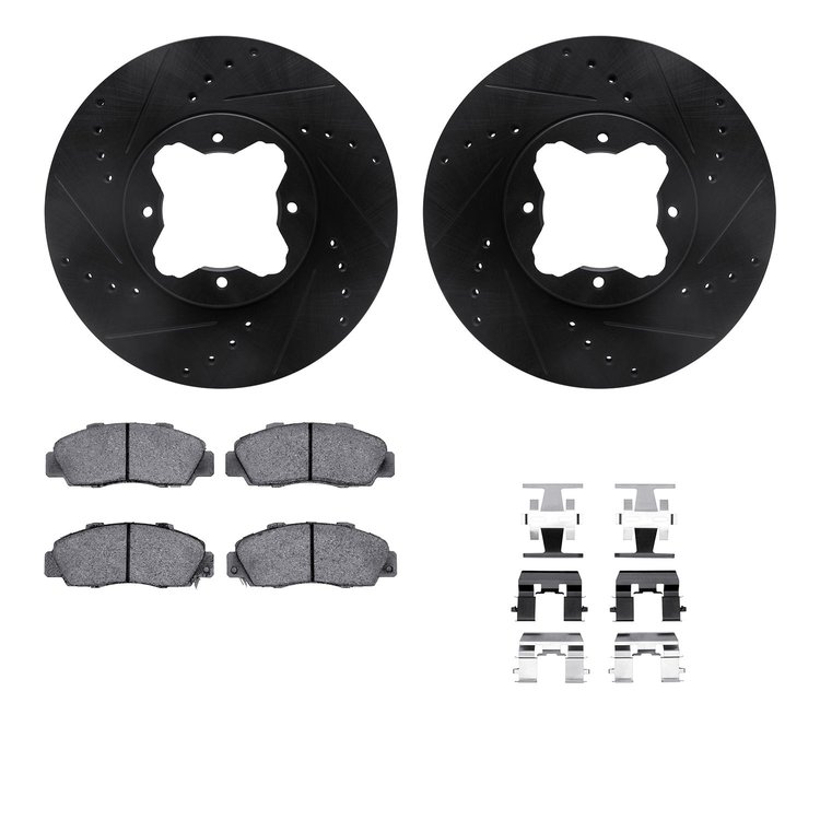 8312-58007 Drilled/Slotted Brake Rotors with 3000-Series Ceramic Brake Pads Kit & Hardware [Black], 1992-1998 Acura/Honda, Posit
