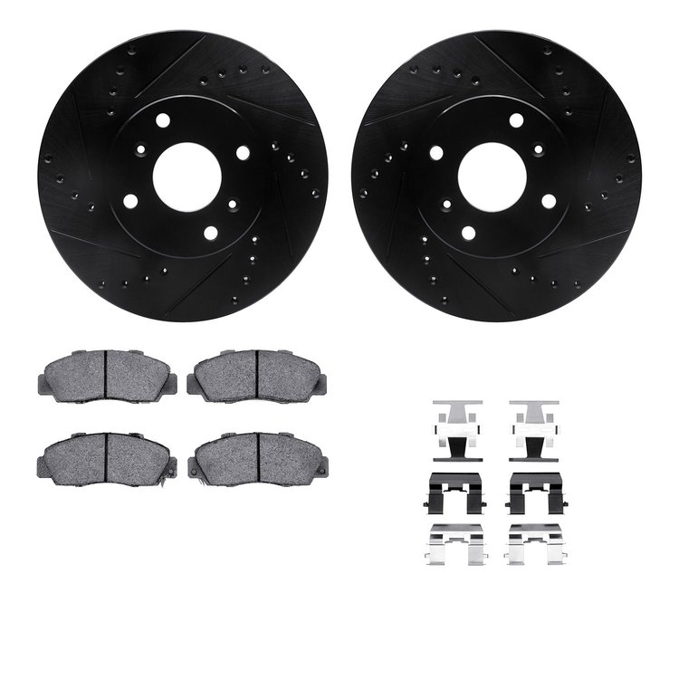 8312-58008 Drilled/Slotted Brake Rotors with 3000-Series Ceramic Brake Pads Kit & Hardware [Black], 1998-1999 Acura/Honda, Posit