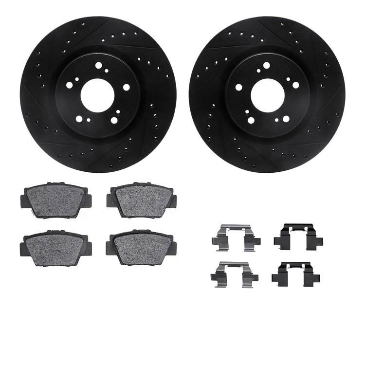 8312-58009 Drilled/Slotted Brake Rotors with 3000-Series Ceramic Brake Pads Kit & Hardware [Black], 1997-2005 Acura/Honda, Posit