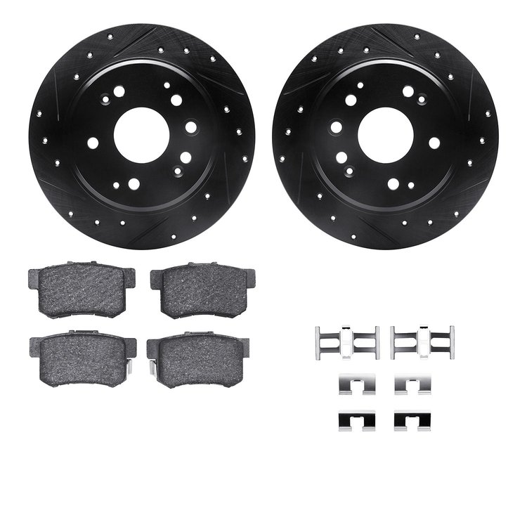 8312-58010 Drilled/Slotted Brake Rotors with 3000-Series Ceramic Brake Pads Kit & Hardware [Black], 1999-2003 Acura/Honda, Posit