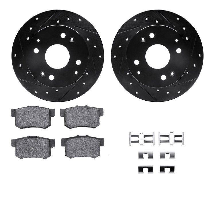 8312-58016 Drilled/Slotted Brake Rotors with 3000-Series Ceramic Brake Pads Kit & Hardware [Black], 1992-1994 Acura/Honda, Posit