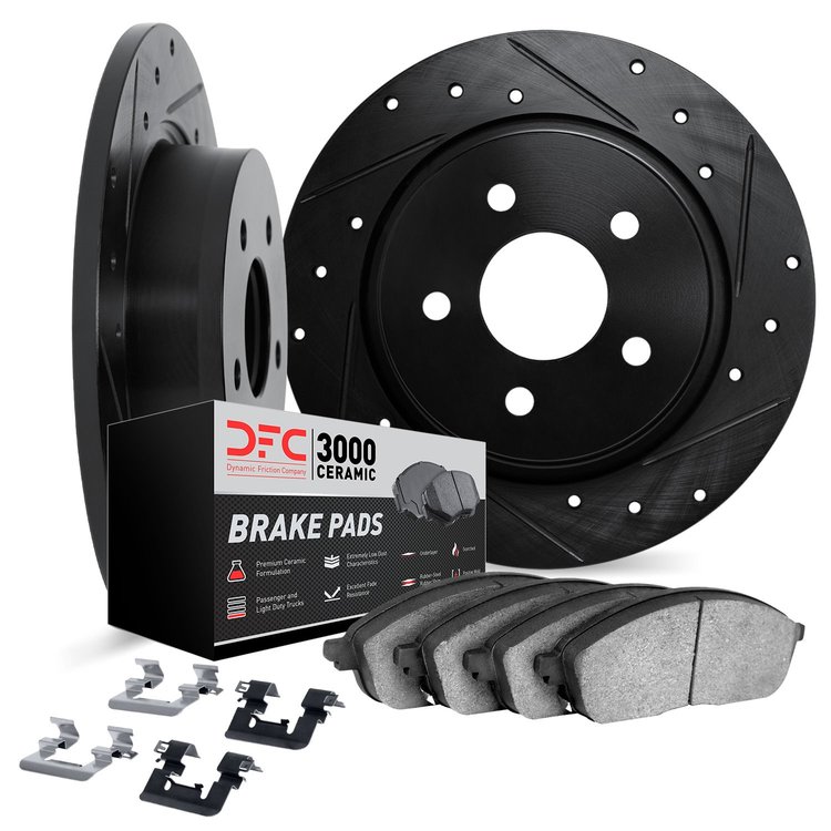 8312-58018 Drilled/Slotted Brake Rotors with 3000-Series Ceramic Brake Pads Kit & Hardware [Black], 1996-1998 Acura/Honda, Posit