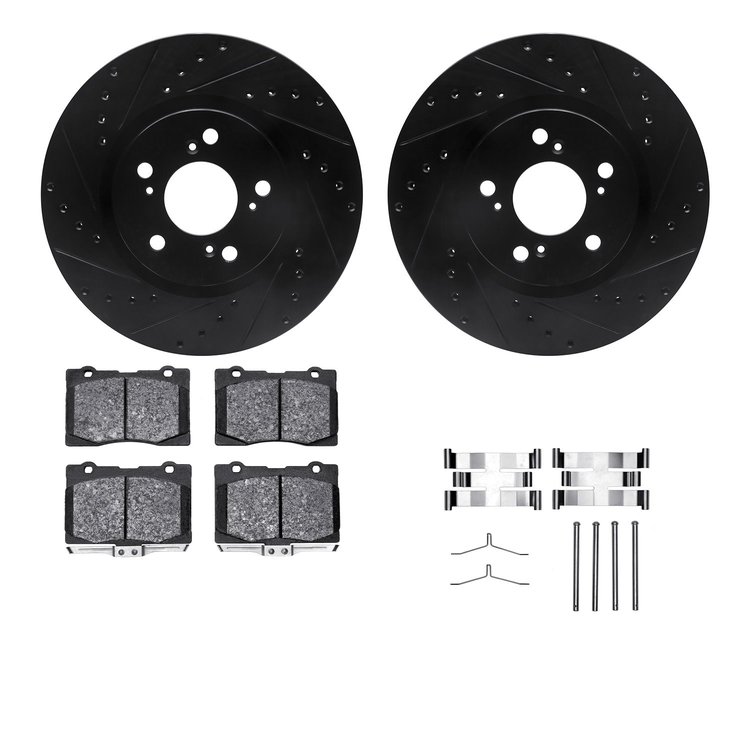 8312-58021 Drilled/Slotted Brake Rotors with 3000-Series Ceramic Brake Pads Kit & Hardware [Black], 2005-2012 Acura/Honda, Posit
