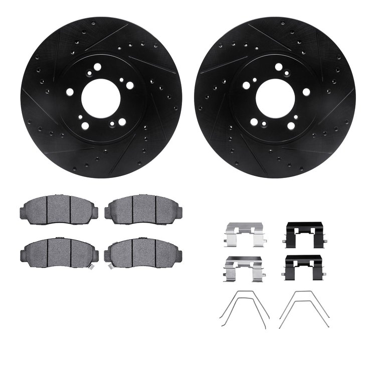 8312-58023 Drilled/Slotted Brake Rotors with 3000-Series Ceramic Brake Pads Kit & Hardware [Black], 1999-2004 Acura/Honda, Posit