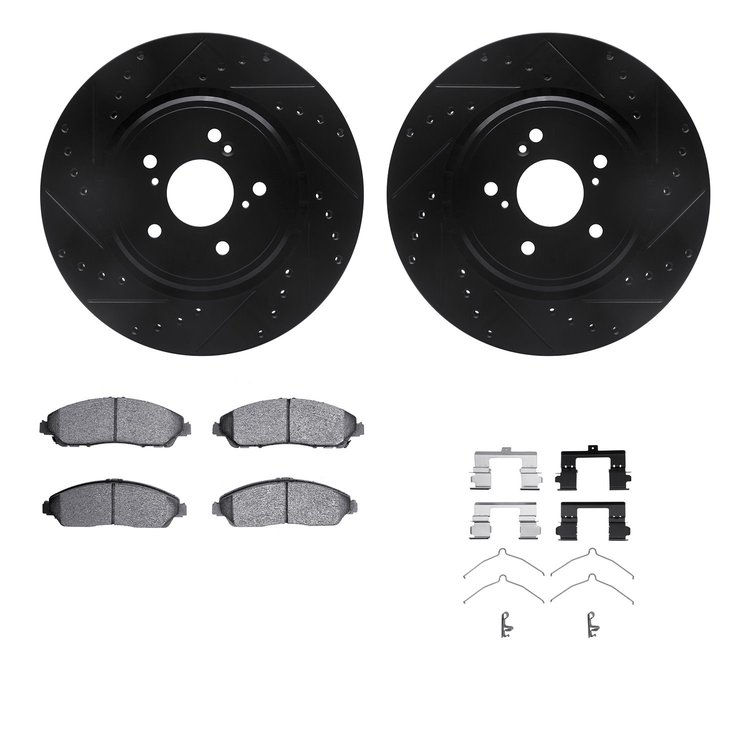 8312-58032 Drilled/Slotted Brake Rotors with 3000-Series Ceramic Brake Pads Kit & Hardware [Black], 2014-2016 Acura/Honda, Posit