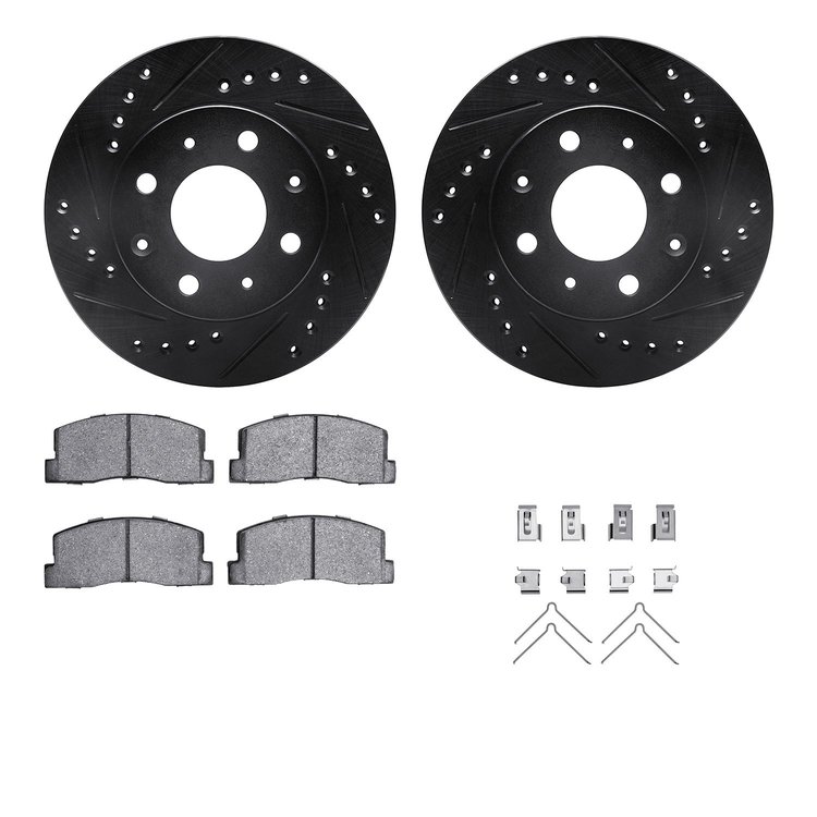 8312-59005 Drilled/Slotted Brake Rotors with 3000-Series Ceramic Brake Pads Kit & Hardware [Black], 1982-1983 Acura/Honda, Posit