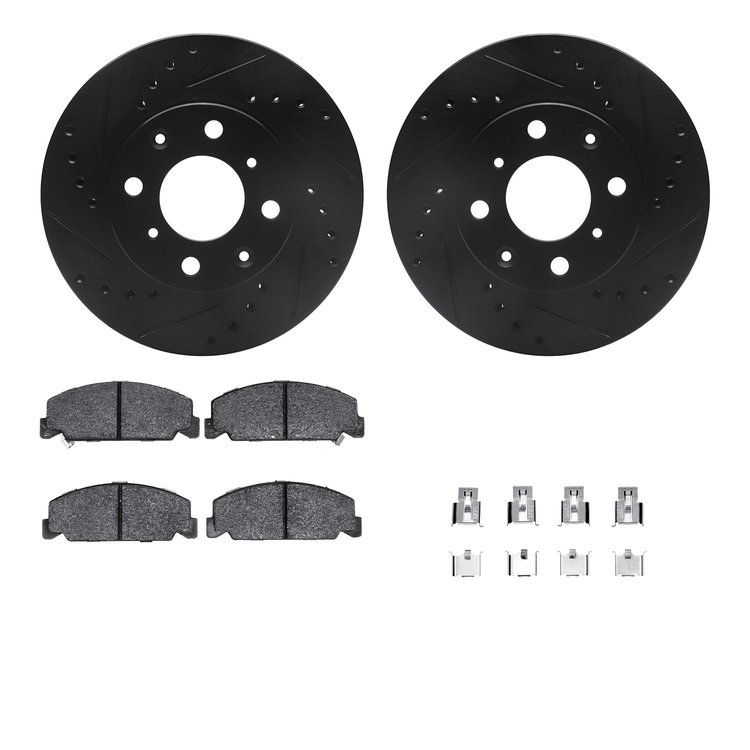 8312-59010 Drilled/Slotted Brake Rotors with 3000-Series Ceramic Brake Pads Kit & Hardware [Black], 1984-1985 Acura/Honda, Posit