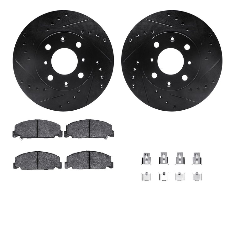 8312-59011 Drilled/Slotted Brake Rotors with 3000-Series Ceramic Brake Pads Kit & Hardware [Black], 1988-1989 Acura/Honda, Posit