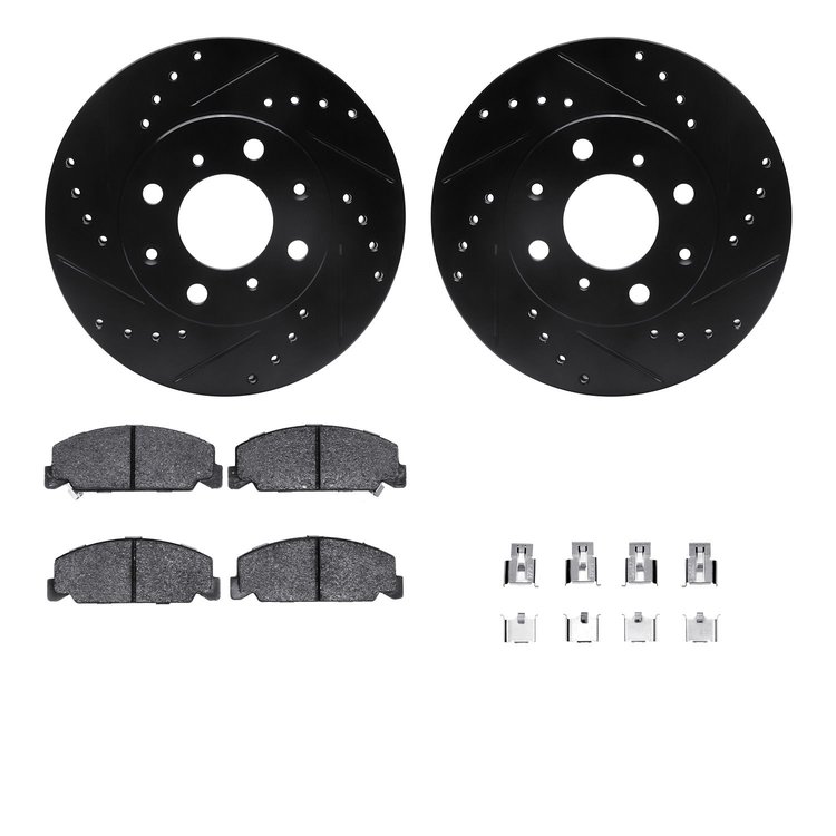 8312-59013 Drilled/Slotted Brake Rotors with 3000-Series Ceramic Brake Pads Kit & Hardware [Black], 1990-2000 Acura/Honda, Posit