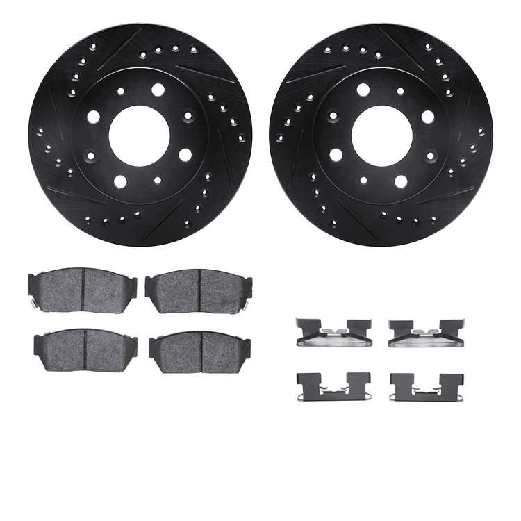 8312-59014 Drilled/Slotted Brake Rotors with 3000-Series Ceramic Brake Pads Kit & Hardware [Black], 1983-1983 Acura/Honda, Posit