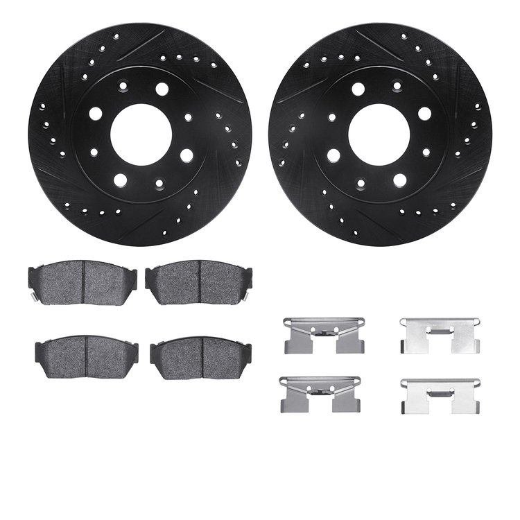 8312-59016 Drilled/Slotted Brake Rotors with 3000-Series Ceramic Brake Pads Kit & Hardware [Black], 1984-1987 Acura/Honda, Posit