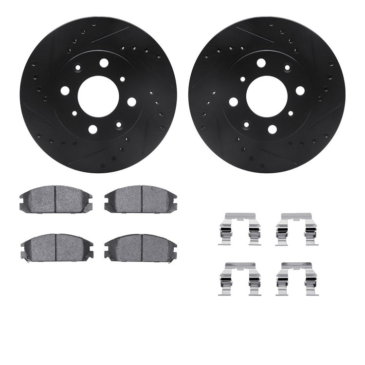 8312-59022 Drilled/Slotted Brake Rotors with 3000-Series Ceramic Brake Pads Kit & Hardware [Black], 1985-1989 Acura/Honda, Posit