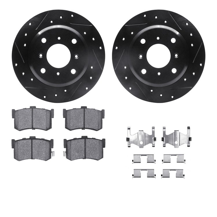 8312-59024 Drilled/Slotted Brake Rotors with 3000-Series Ceramic Brake Pads Kit & Hardware [Black], 1986-1988 Acura/Honda, Posit