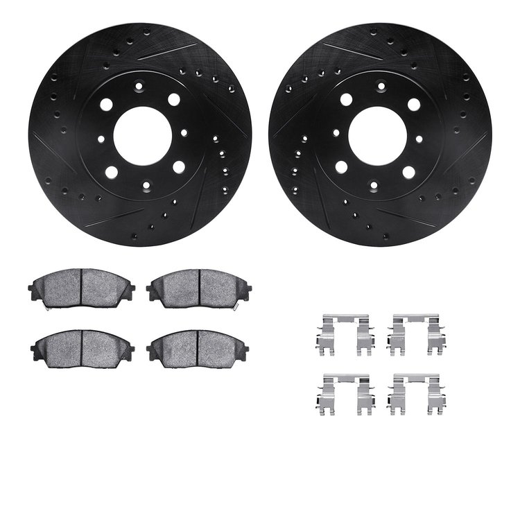 8312-59026 Drilled/Slotted Brake Rotors with 3000-Series Ceramic Brake Pads Kit & Hardware [Black], 1988-1991 Acura/Honda, Posit