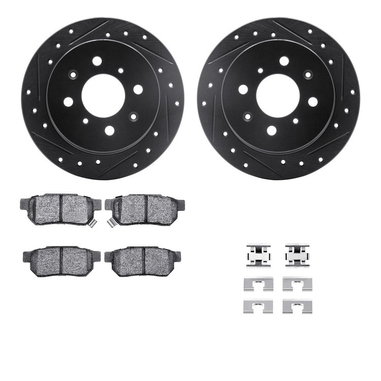 8312-59028 Drilled/Slotted Brake Rotors with 3000-Series Ceramic Brake Pads Kit & Hardware [Black], 1989-1989 Acura/Honda, Posit