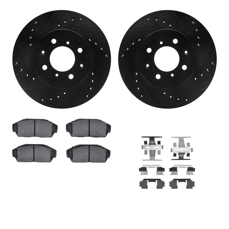 8312-59030 Drilled/Slotted Brake Rotors with 3000-Series Ceramic Brake Pads Kit & Hardware [Black], 1988-1991 Acura/Honda, Posit