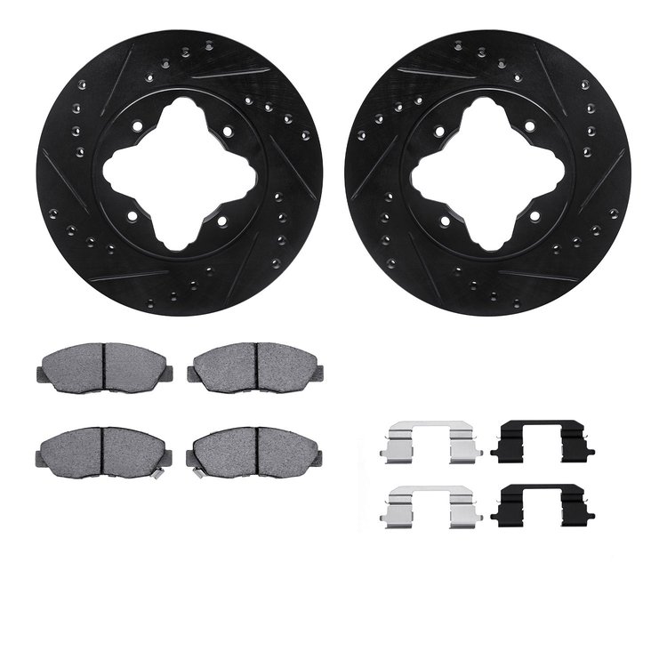 8312-59032 Drilled/Slotted Brake Rotors with 3000-Series Ceramic Brake Pads Kit & Hardware [Black], 1990-1997 Acura/Honda, Posit