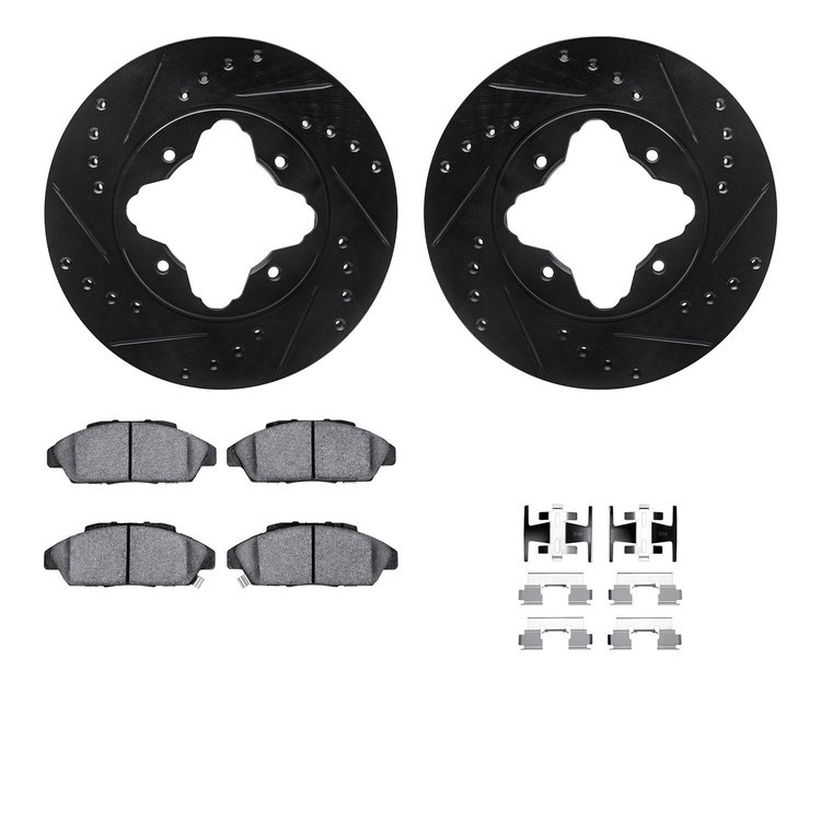 8312-59034 Drilled/Slotted Brake Rotors with 3000-Series Ceramic Brake Pads Kit & Hardware [Black], 1990-1993 Acura/Honda, Posit