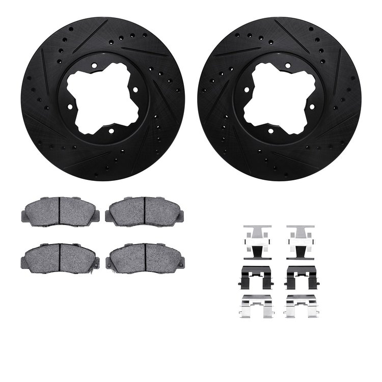 8312-59035 Drilled/Slotted Brake Rotors with 3000-Series Ceramic Brake Pads Kit & Hardware [Black], 1991-1997 Acura/Honda, Posit