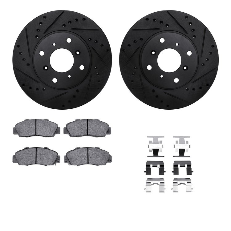 8312-59036 Drilled/Slotted Brake Rotors with 3000-Series Ceramic Brake Pads Kit & Hardware [Black], 1992-1996 Acura/Honda, Posit