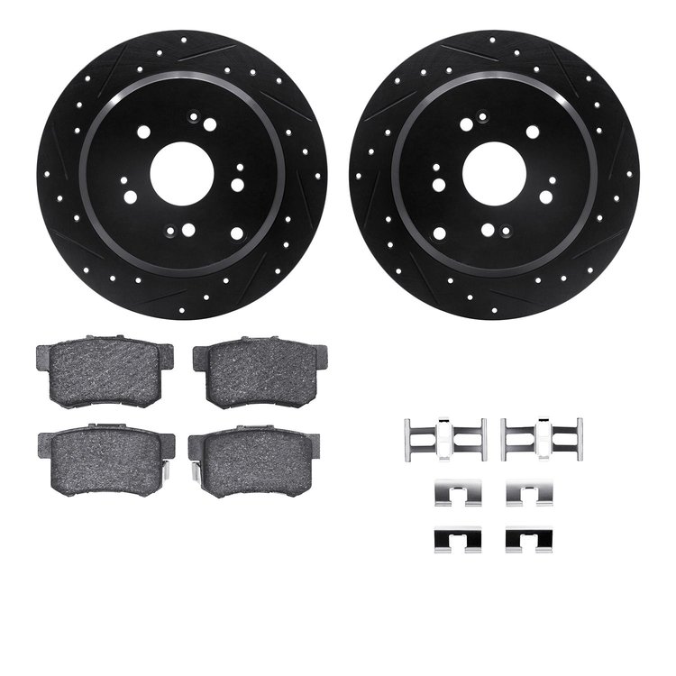 8312-59041 Drilled/Slotted Brake Rotors with 3000-Series Ceramic Brake Pads Kit & Hardware [Black], 2007-2012 Acura/Honda, Posit