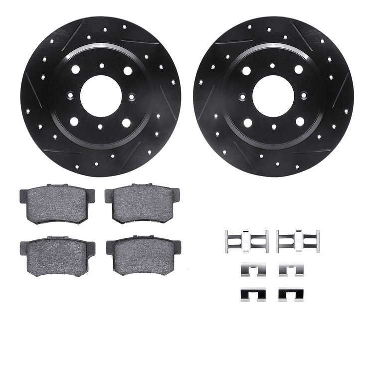 8312-59042 Drilled/Slotted Brake Rotors with 3000-Series Ceramic Brake Pads Kit & Hardware [Black], 1992-1996 Acura/Honda, Posit