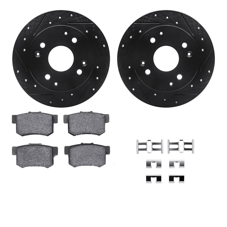 8312-59043 Drilled/Slotted Brake Rotors with 3000-Series Ceramic Brake Pads Kit & Hardware [Black], 1992-1997 Acura/Honda, Posit