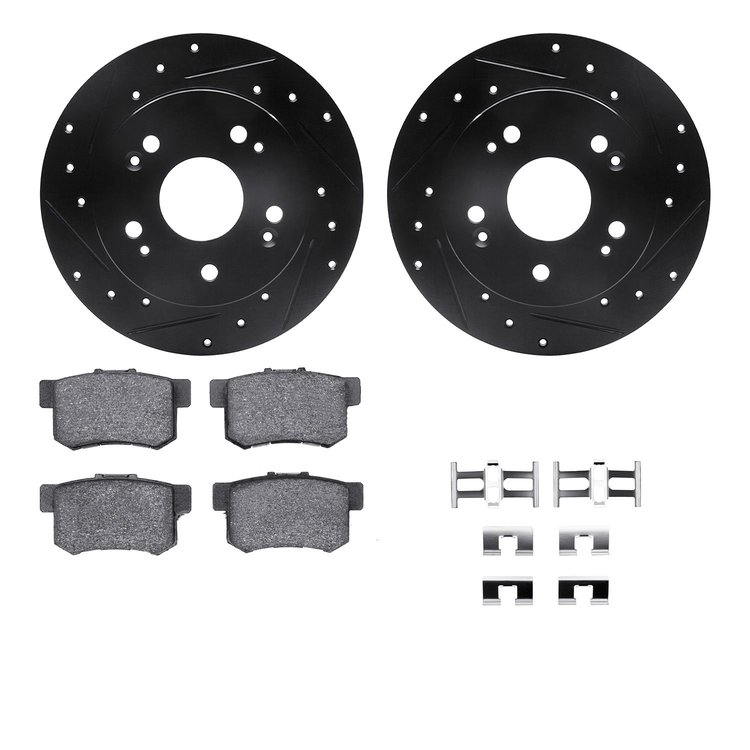 8312-59044 Drilled/Slotted Brake Rotors with 3000-Series Ceramic Brake Pads Kit & Hardware [Black], 1997-2015 Acura/Honda, Posit