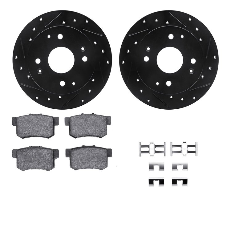 8312-59045 Drilled/Slotted Brake Rotors with 3000-Series Ceramic Brake Pads Kit & Hardware [Black], 1998-2002 Acura/Honda, Posit
