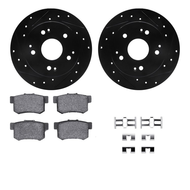8312-59046 Drilled/Slotted Brake Rotors with 3000-Series Ceramic Brake Pads Kit & Hardware [Black], 1997-2006 Acura/Honda, Posit