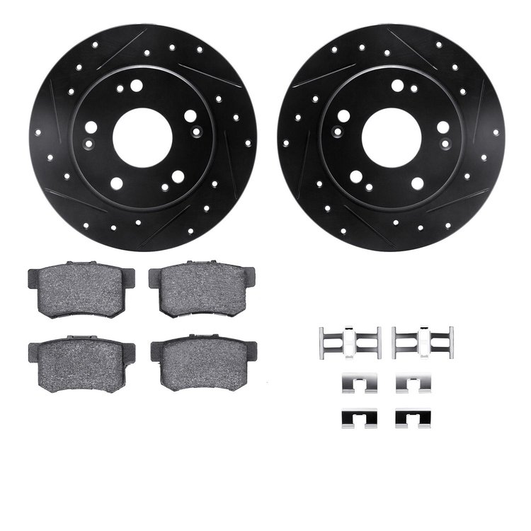8312-59047 Drilled/Slotted Brake Rotors with 3000-Series Ceramic Brake Pads Kit & Hardware [Black], 2003-2008 Acura/Honda, Posit