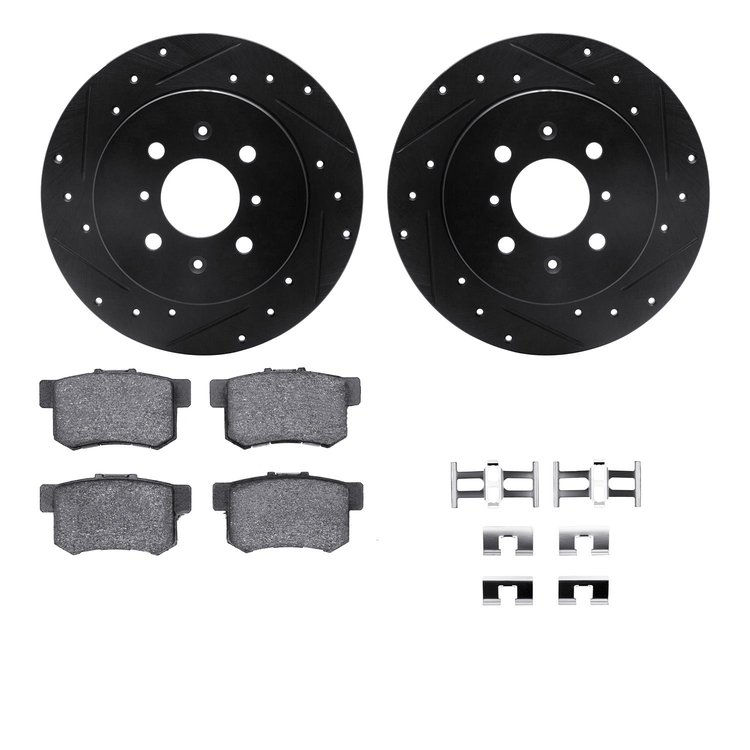 8312-59048 Drilled/Slotted Brake Rotors with 3000-Series Ceramic Brake Pads Kit & Hardware [Black], 2001-2005 Acura/Honda, Posit