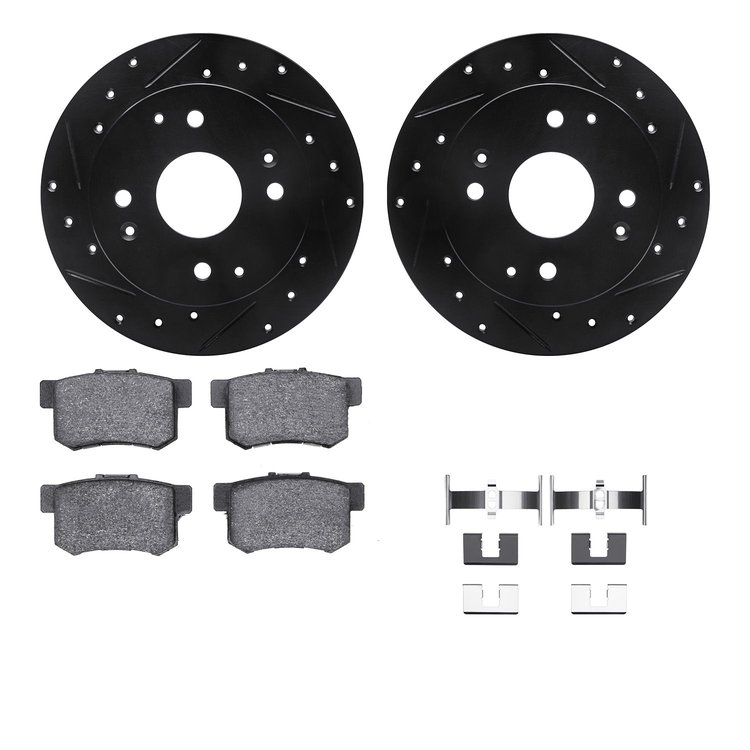 8312-59052 Drilled/Slotted Brake Rotors with 3000-Series Ceramic Brake Pads Kit & Hardware [Black], 1998-1999 Acura/Honda, Posit