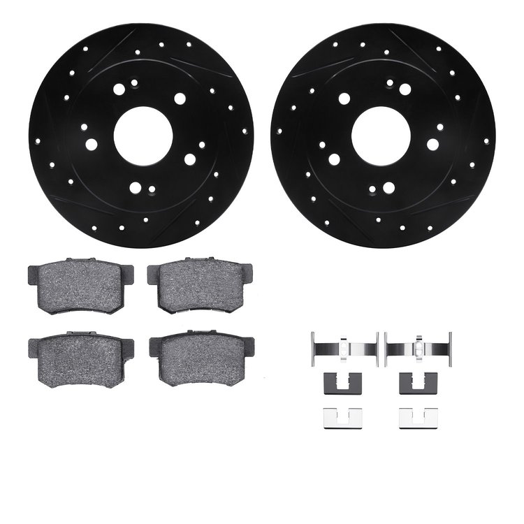 8312-59053 Drilled/Slotted Brake Rotors with 3000-Series Ceramic Brake Pads Kit & Hardware [Black], 1998-2002 Acura/Honda, Posit